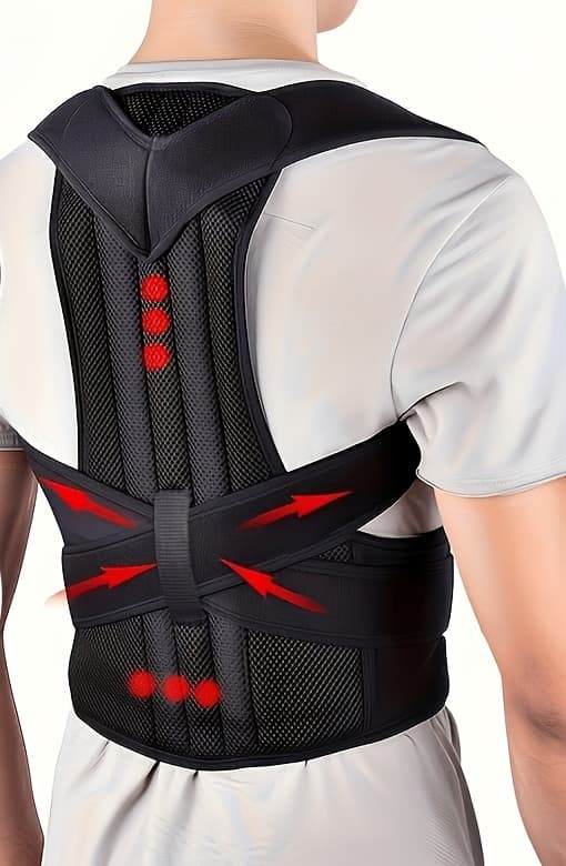 AlignPro full-back posture brace worn over a t-shirt, seen from behind